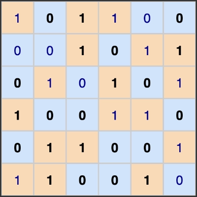 Example of a fully completed binary puzzle using colors